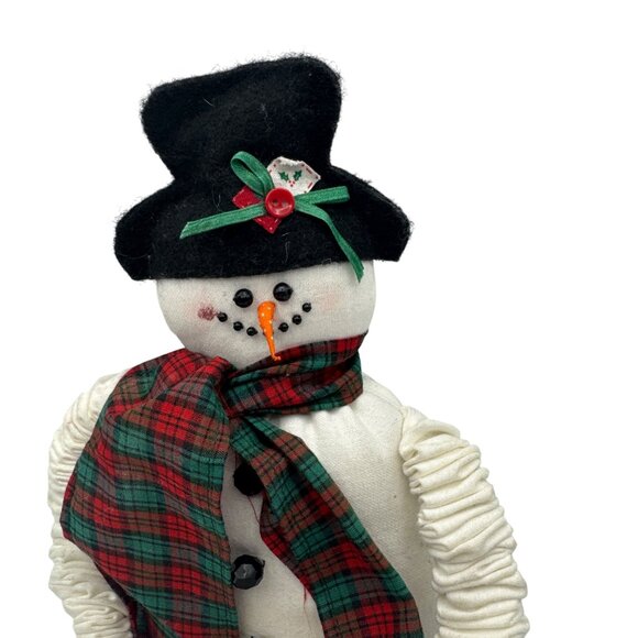 Fabric Snowman Decoration With Tartan Scarf Black Top Hat & Jingle Bell Shoes - Picture 2 of 5